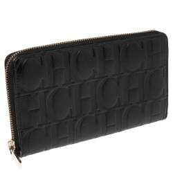 Pre Owned Carolina Herrera Black Monogram Leather Zip Around Wallet