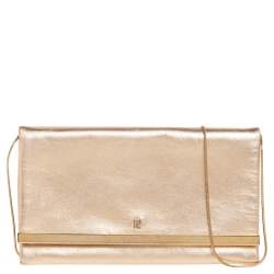 Pre Owned Carolina Herrera Metallic Gold Leather Flap Chain Clutch