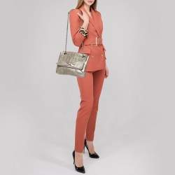 Pre Owned Carolina Herrera Metallic Silver Monogram Leather Audrey Shoulder Bag