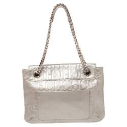 Pre Owned Carolina Herrera Metallic Silver Monogram Leather Audrey Shoulder Bag
