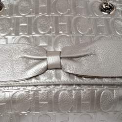 Pre Owned Carolina Herrera Metallic Silver Monogram Leather Audrey Shoulder Bag