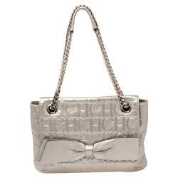 Pre Owned Carolina Herrera Metallic Silver Monogram Leather Audrey Shoulder Bag