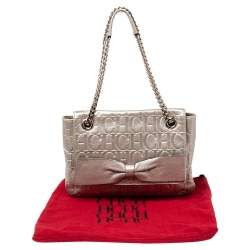 Pre Owned Carolina Herrera Metallic Silver Monogram Leather Audrey Shoulder Bag