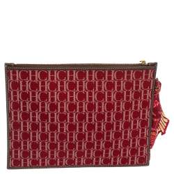 Pre Owned Carolina Herrera Red Monogram Canvas and Leather Pouch