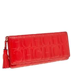 Pre Owned Carolina Herrera Red Monogram Leather Trifold Continental Wallet