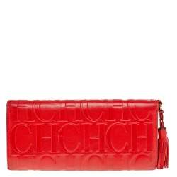 Pre Owned Carolina Herrera Red Monogram Leather Trifold Continental Wallet