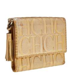 Pre Owned Carolina Herrera Metallic Gold Monogram Leather Tassel Trifold Wallet