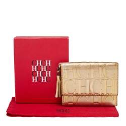 Pre Owned Carolina Herrera Metallic Gold Monogram Leather Tassel Trifold Wallet