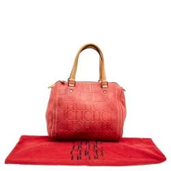 Pre Owned Carolina Herrera Red/Beige Leather Monogram Embossed Andy Boston Bag