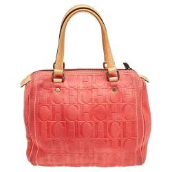 Pre Owned Carolina Herrera Red/Beige Leather Monogram Embossed Andy Boston Bag