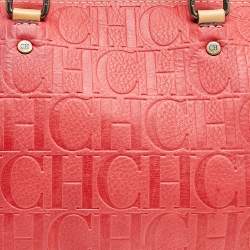 Pre Owned Carolina Herrera Red/Beige Leather Monogram Embossed Andy Boston Bag