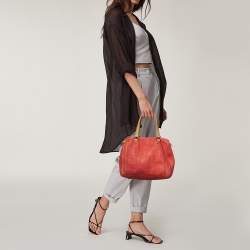 Pre Owned Carolina Herrera Red/Beige Leather Monogram Embossed Andy Boston Bag