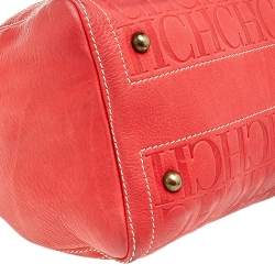 Pre Owned Carolina Herrera Red/Beige Leather Monogram Embossed Andy Boston Bag