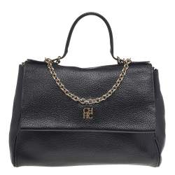 Pre Owned Carolina Herrera Black Leather Minuetto Top Handle Flap Shoulder Bag