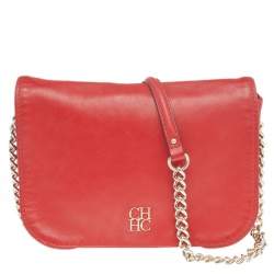 Pre Owned Carolina Herrera Red Leather Flap Chain Shoulder Bag