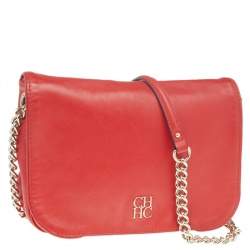 Pre Owned Carolina Herrera Red Leather Flap Chain Shoulder Bag