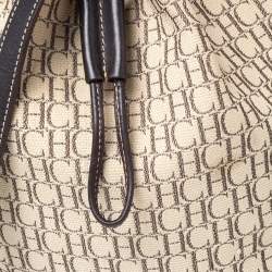 Pre Owned Carolina Herrera Brown/Beige Monogram Canvas and Leather Drawstring Bucket Bag