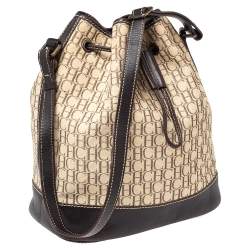 Pre Owned Carolina Herrera Brown/Beige Monogram Canvas and Leather Drawstring Bucket Bag