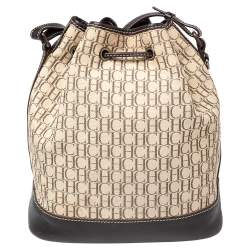 Pre Owned Carolina Herrera Brown/Beige Monogram Canvas and Leather Drawstring Bucket Bag
