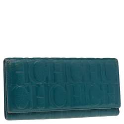 Carolina Herrera Green Monogram Embossed Leather Flap Continental Wallet