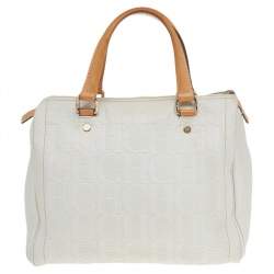 Pre Owned Carolina Herrera White/Brown Leather Monogram Embossed Andy Satchel