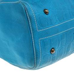 Pre Owned Carolina Herrera Bright Blue Monogram Embossed Leather Andy Boston Bag