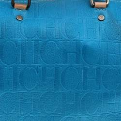 Pre Owned Carolina Herrera Bright Blue Monogram Embossed Leather Andy Boston Bag