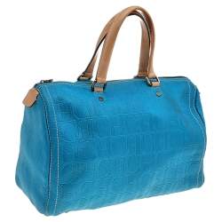 Pre Owned Carolina Herrera Bright Blue Monogram Embossed Leather Andy Boston Bag