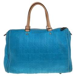 Pre Owned Carolina Herrera Bright Blue Monogram Embossed Leather Andy Boston Bag