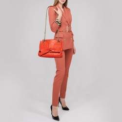 Pre Owned Carolina Herrera Orange Monogram Embossed Leather Audrey Shoulder Bag