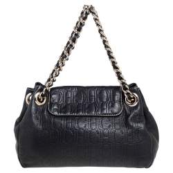 Pre Owned Carolina Herrera Black Monogram Embossed Leather Tassel Flap Shoulder Bag