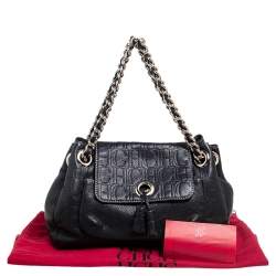 Pre Owned Carolina Herrera Black Monogram Embossed Leather Tassel Flap Shoulder Bag