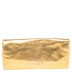 Pre Owned Carolina Herrera Metallic Gold Leather Logo Flap Clutch