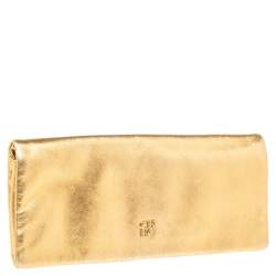 Pre Owned Carolina Herrera Metallic Gold Leather Logo Flap Clutch