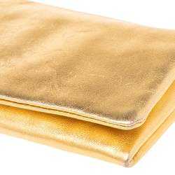 Pre Owned Carolina Herrera Metallic Gold Leather Logo Flap Clutch