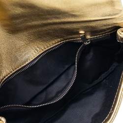 Pre Owned Carolina Herrera Metallic Gold Leather Logo Flap Clutch