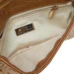 Pre Owned Carolina Herrera Gold Monogram Leather Flap Clutch