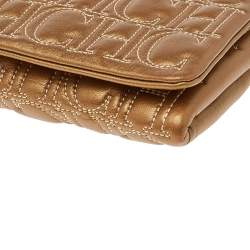 Pre Owned Carolina Herrera Gold Monogram Leather Flap Clutch