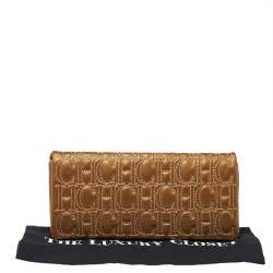 Pre Owned Carolina Herrera Gold Monogram Leather Flap Clutch