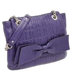 Pre Owned Carolina Herrera Purple Monogram Embossed Leather Audrey Shoulder Bag