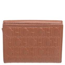 Carolina Herrera Brown Monogram Leather Tri Fold Compact Wallet