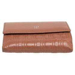 Pre Owned Carolina Herrera Brown Monogram Leather Tri Fold Compact Wallet