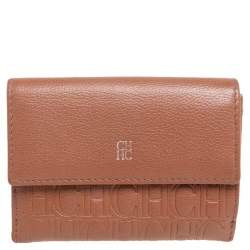 Carolina Herrera Brown Monogram Leather Tri Fold Compact Wallet
