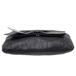 Pre Owned Carolina Herrera Black Monogram Embossed Leather Bow Flap Shoulder Bag
