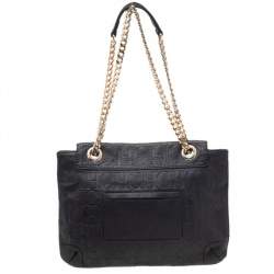Pre Owned Carolina Herrera Black Monogram Embossed Leather Bow Flap Shoulder Bag