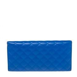 Pre Owned Carolina Herrera Blue Quilted Leather Long Trifold Wallet