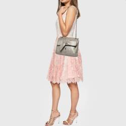 Pre Owned Carolina Herrera Silver Monogram Embossed Leather Bow Flap Shoulder Bag