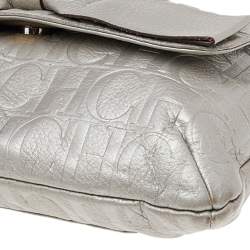 Pre Owned Carolina Herrera Silver Monogram Embossed Leather Bow Flap Shoulder Bag