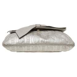 Pre Owned Carolina Herrera Silver Monogram Embossed Leather Bow Flap Shoulder Bag