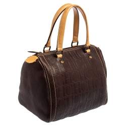 Pre Owned حقيبة بوسطون كارولينا هيريرا اندي جلد منقوش مونوغرامي بني داكن